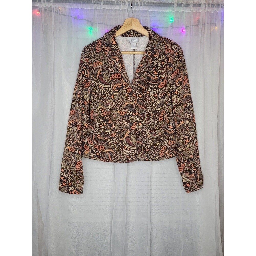 Anne Taylor Loft Blazer Women's Size 8 Medium Brown Paisley Floral Cotton Fall